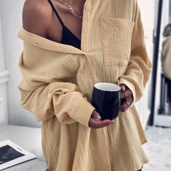 Casual Textured Pocket Patched button down Blouse khaki - Picture 1 of 7